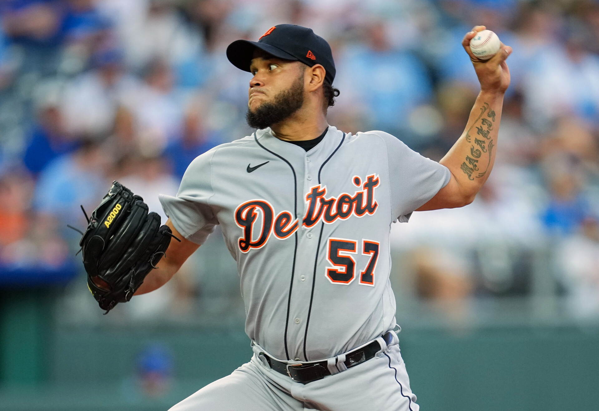 Detroit Tigers starting pitcher Eduardo Rodriguez (57) pitches during the first inning against the Kansas City Royals at Kauffman Stadium.