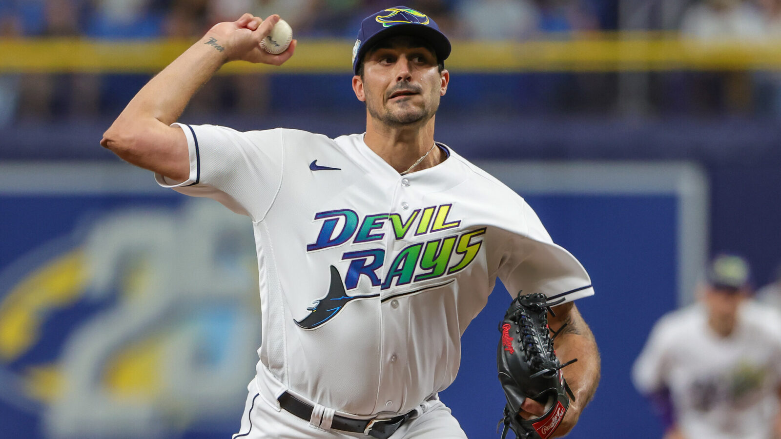 Jul 21, 2023; St. Petersburg, Florida, USA; Tampa Bay Rays starting pitcher Zach Eflin (24) throws a pitch during the first inning against the Baltimore Orioles at Tropicana Field.