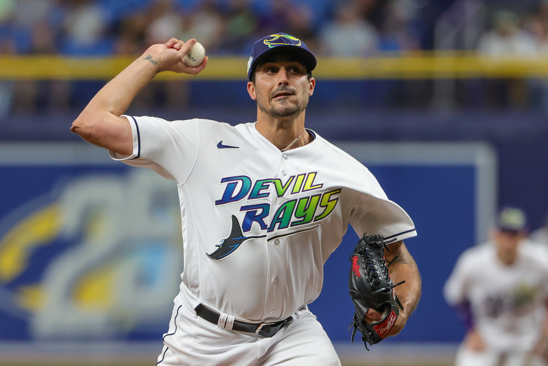Jul 21, 2023; St. Petersburg, Florida, USA; Tampa Bay Rays starting pitcher Zach Eflin (24) throws a pitch during the first inning against the Baltimore Orioles at Tropicana Field.