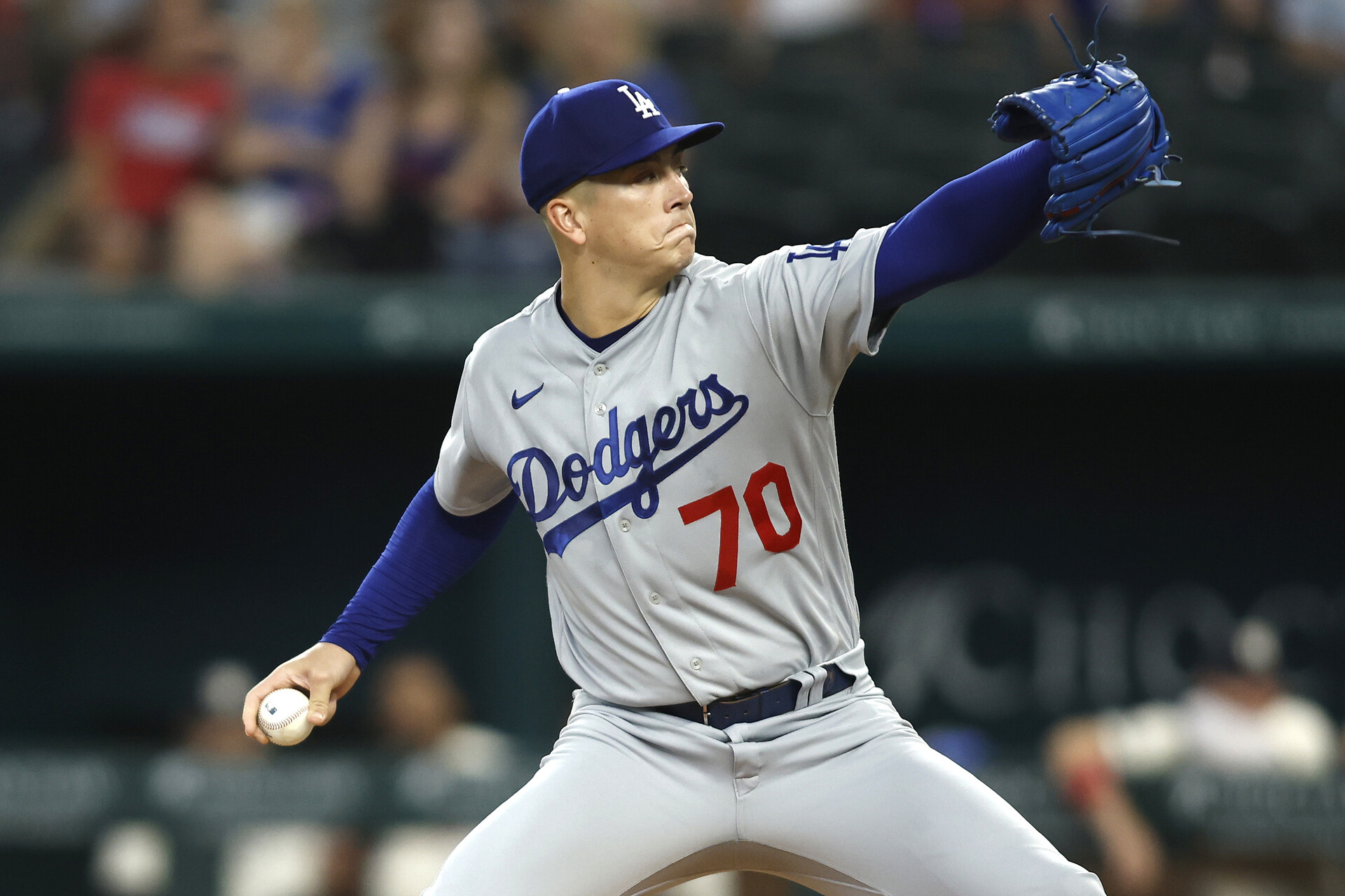 Jul 22, 2023; Arlington, Texas, USA; Los Angeles Dodgers starting pitcher Bobby Miller (70) pitches in the first inning against the Texas Rangers at Globe Life Field.