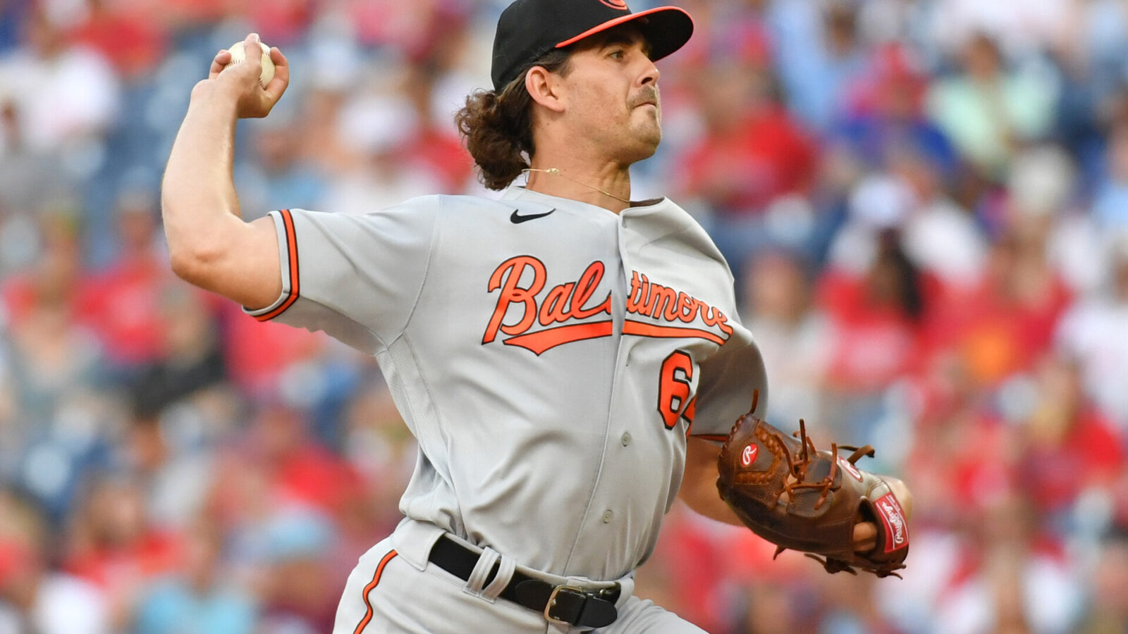 Jul 24, 2023; Philadelphia, Pennsylvania, USA; Baltimore Orioles starting pitcher Dean Kremer (64) throws a pitch during the first inning against the Philadelphia Phillies at Citizens Bank Park.