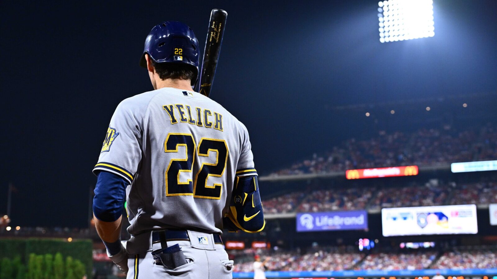 Jul 20, 2023; Philadelphia, Pennsylvania, USA; Milwaukee Brewers outfielder Christian Yelich (22) looks on against the Philadelphia Phillies in the eighth inning at Citizens Bank Park.