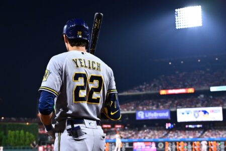 Jul 20, 2023; Philadelphia, Pennsylvania, USA; Milwaukee Brewers outfielder Christian Yelich (22) looks on against the Philadelphia Phillies in the eighth inning at Citizens Bank Park.