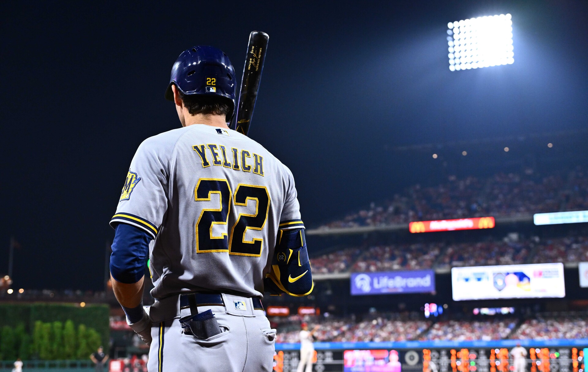 Jul 20, 2023; Philadelphia, Pennsylvania, USA; Milwaukee Brewers outfielder Christian Yelich (22) looks on against the Philadelphia Phillies in the eighth inning at Citizens Bank Park.