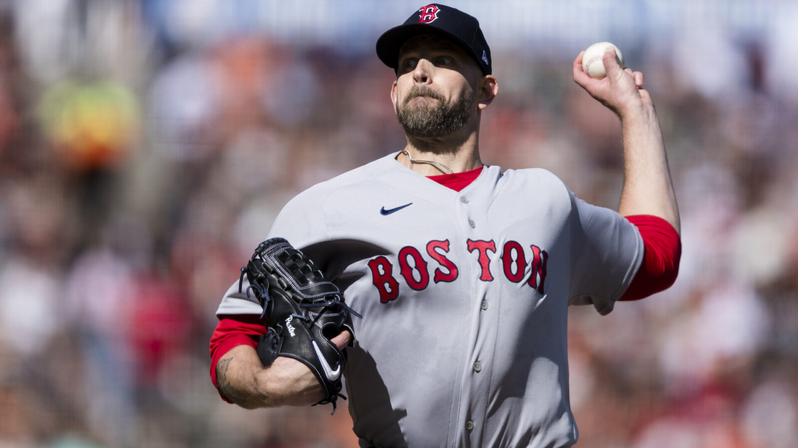 Jul 29, 2023; San Francisco, California, USA; Boston Red Sox starting pitcher James Paxton (65) throws against the San Francisco Giants during the first inning at Oracle Park.