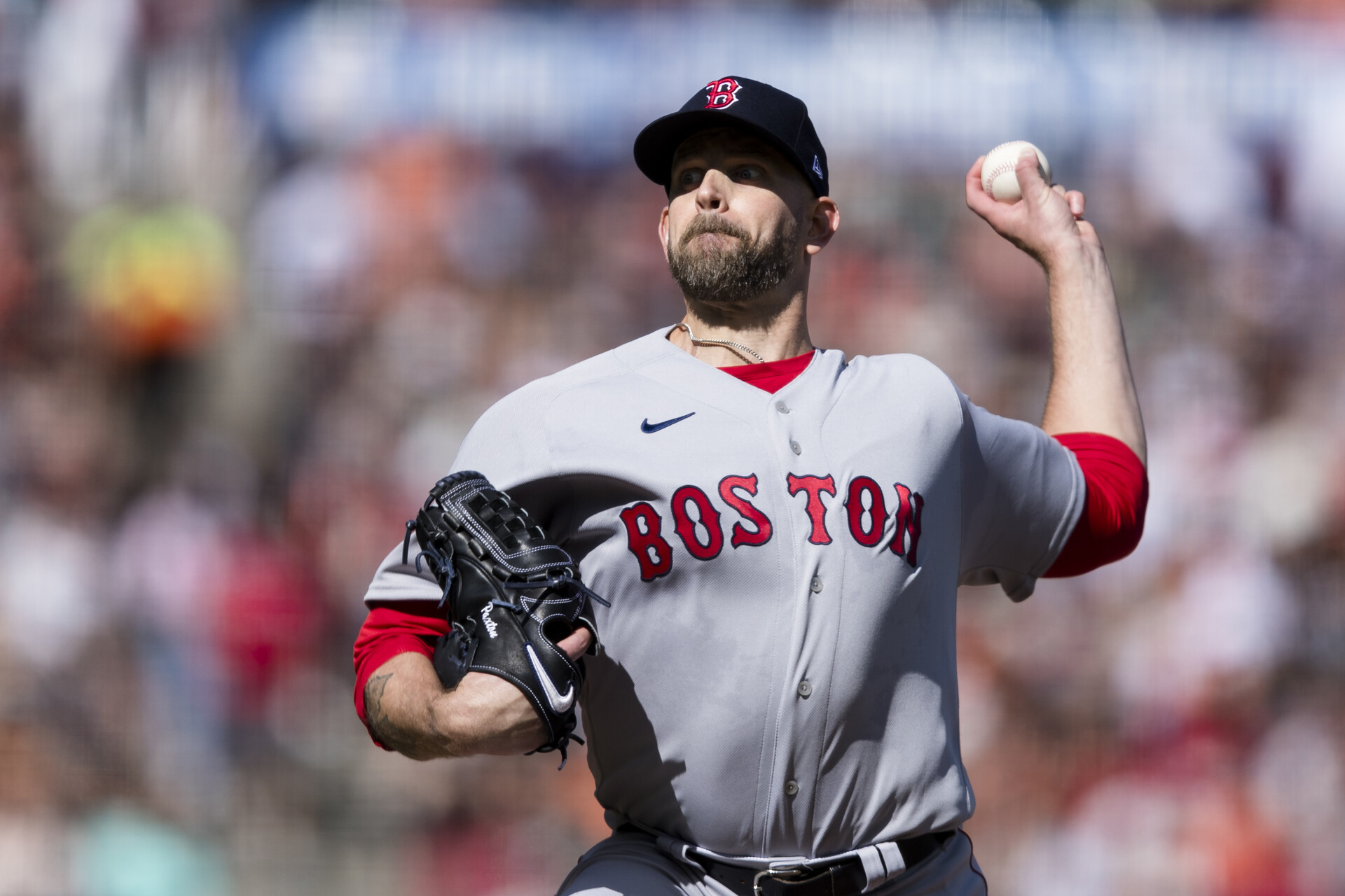 Jul 29, 2023; San Francisco, California, USA; Boston Red Sox starting pitcher James Paxton (65) throws against the San Francisco Giants during the first inning at Oracle Park.