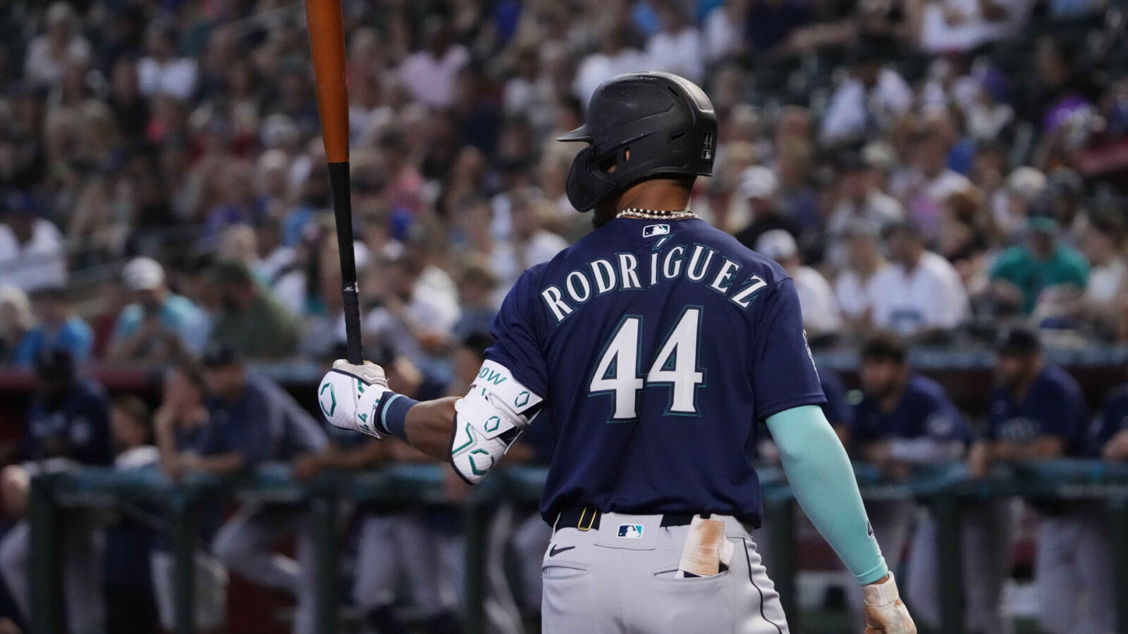 Jul 30, 2023; Phoenix, Arizona, USA; Seattle Mariners center fielder Julio Rodriguez (44) bats against the Arizona Diamondbacks during the first inning at Chase Field.