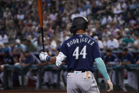 Jul 30, 2023; Phoenix, Arizona, USA; Seattle Mariners center fielder Julio Rodriguez (44) bats against the Arizona Diamondbacks during the first inning at Chase Field.