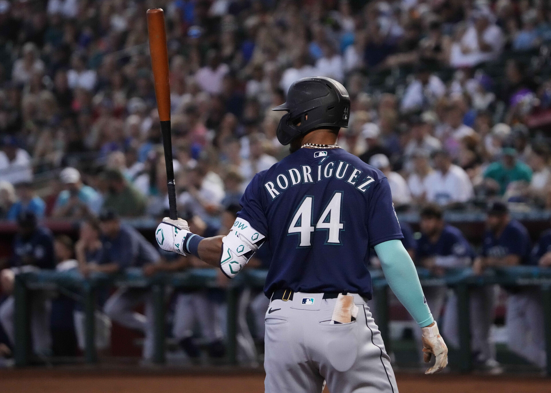 Jul 30, 2023; Phoenix, Arizona, USA; Seattle Mariners center fielder Julio Rodriguez (44) bats against the Arizona Diamondbacks during the first inning at Chase Field.