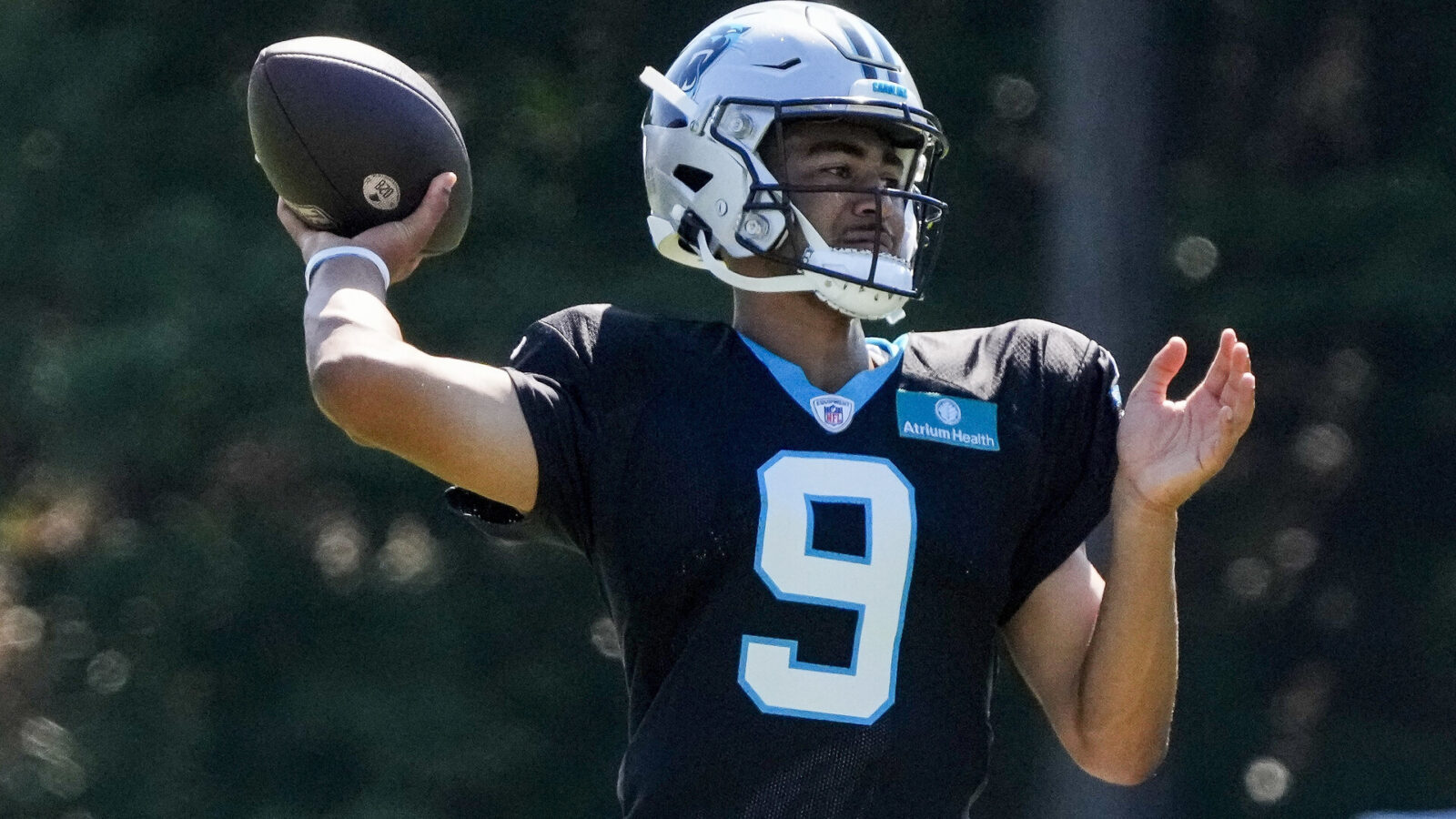 Jul 31, 2023; Spartanburg, SC, USA; Carolina Panthers quarterback Bryce Young (9) throws during practice during training camp at Wofford College