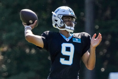 Jul 31, 2023; Spartanburg, SC, USA; Carolina Panthers quarterback Bryce Young (9) throws during practice during training camp at Wofford College