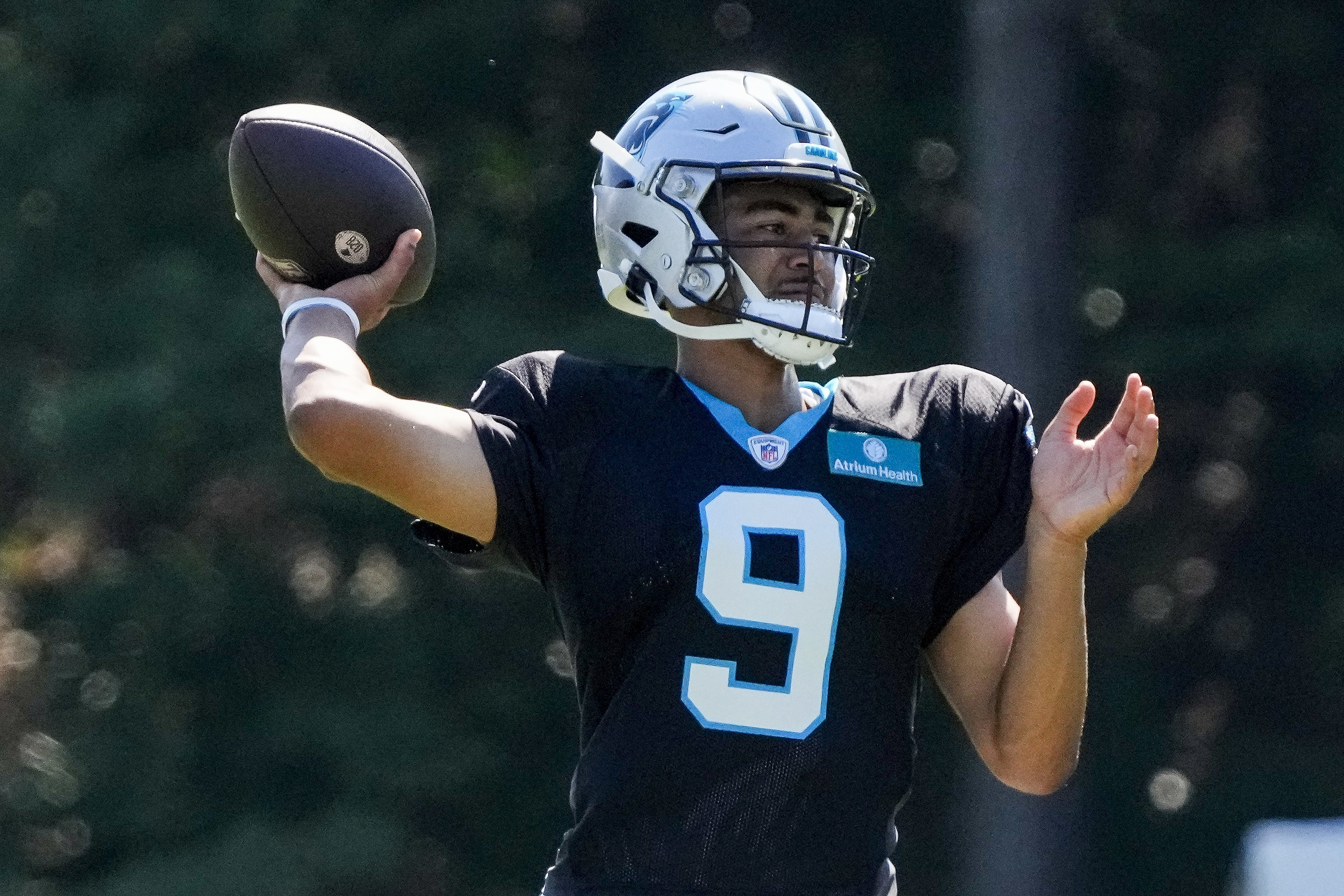 Jul 31, 2023; Spartanburg, SC, USA; Carolina Panthers quarterback Bryce Young (9) throws during practice during training camp at Wofford College