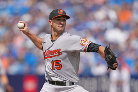 Aug 3, 2023; Toronto, Ontario, CAN; Baltimore Orioles starting pitcher Jack Flaherty (15) throws a pitch against the Toronto Blue Jays during the first inning at Rogers Centre.
