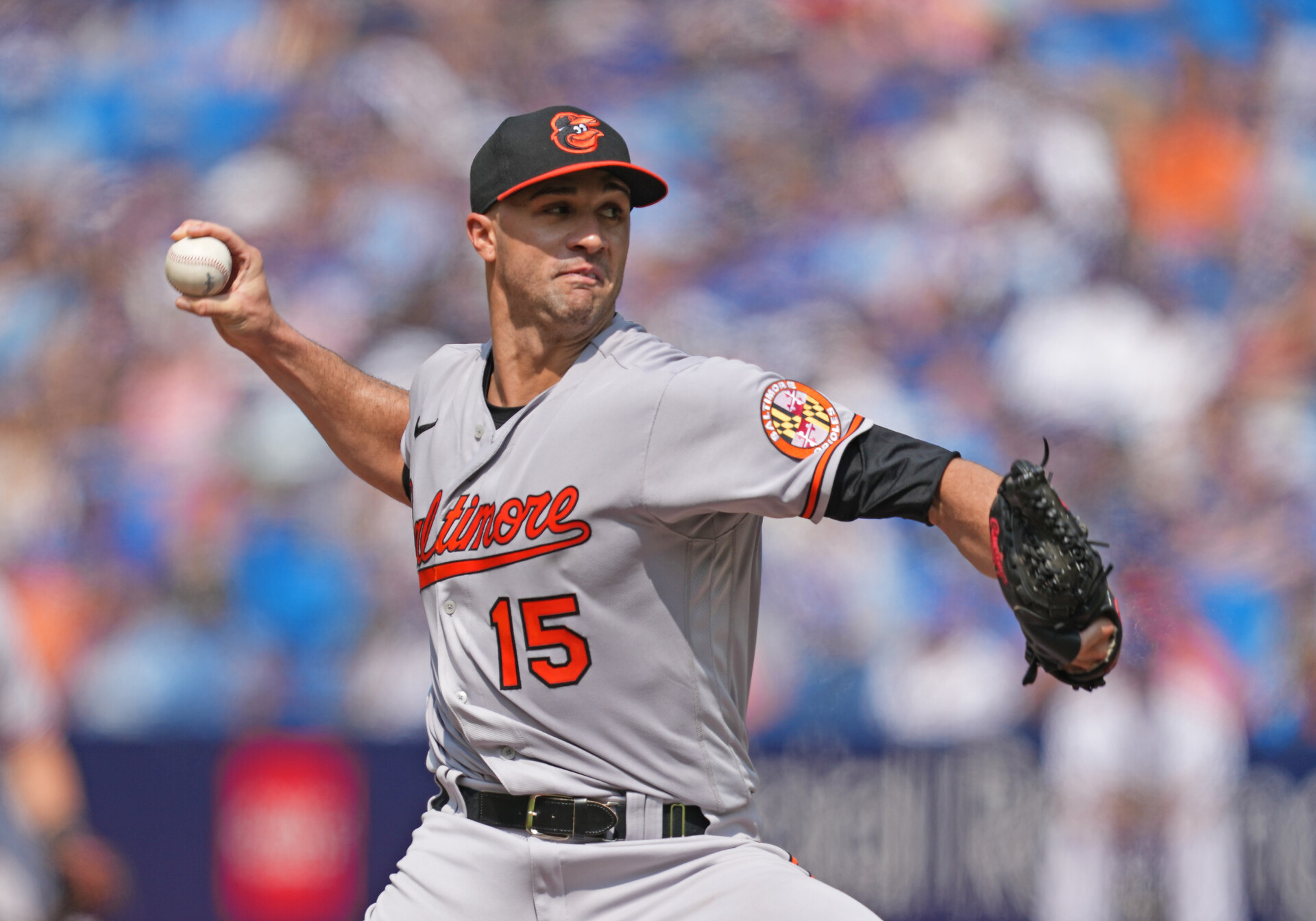 Aug 3, 2023; Toronto, Ontario, CAN; Baltimore Orioles starting pitcher Jack Flaherty (15) throws a pitch against the Toronto Blue Jays during the first inning at Rogers Centre.