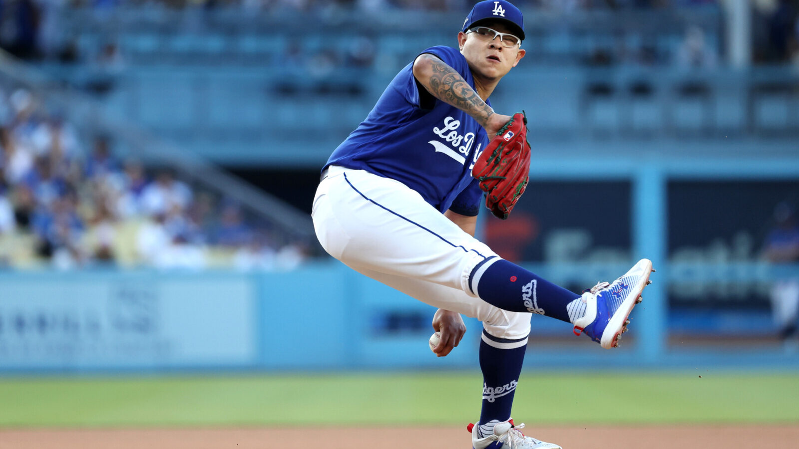 Aug 3, 2023; Los Angeles, California, USA; Los Angeles Dodgers starting pitcher Julio Urias (7) pitches during the first inning against the Oakland Athletics at Dodger Stadium.