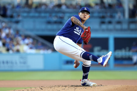 Aug 3, 2023; Los Angeles, California, USA; Los Angeles Dodgers starting pitcher Julio Urias (7) pitches during the first inning against the Oakland Athletics at Dodger Stadium.