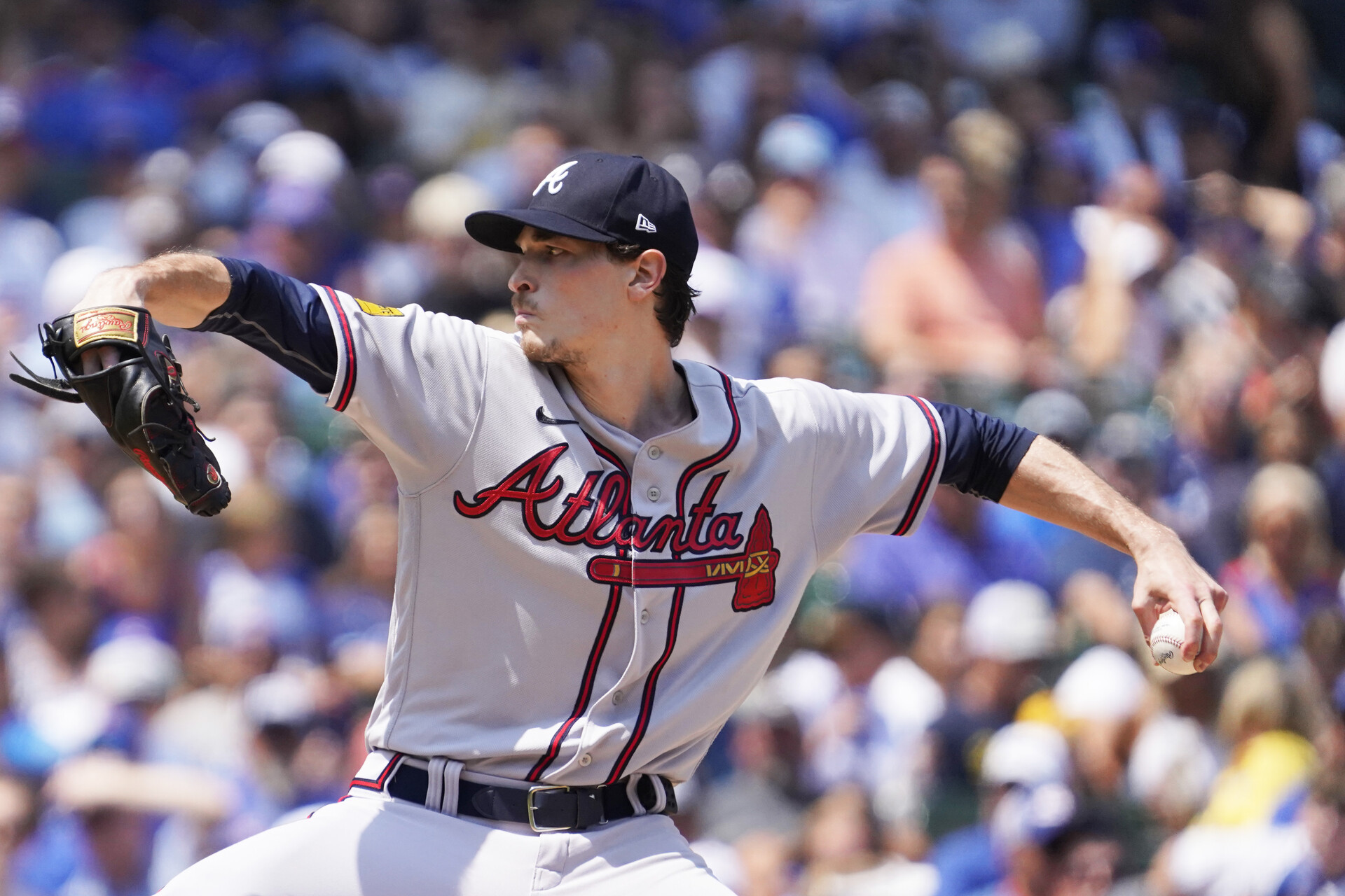 Aug 4, 2023; Chicago, Illinois, USA; Atlanta Braves starting pitcher Max Fried (54) throws the ball against the Chicago Cubs during the first inning at Wrigley Field.