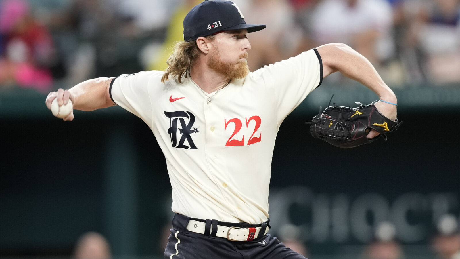 Aug 5, 2023; Arlington, Texas, USA; Texas Rangers starting pitcher Jon Gray (22) delivers a pitch to the Miami Marlins during the first inning at Globe Life Field