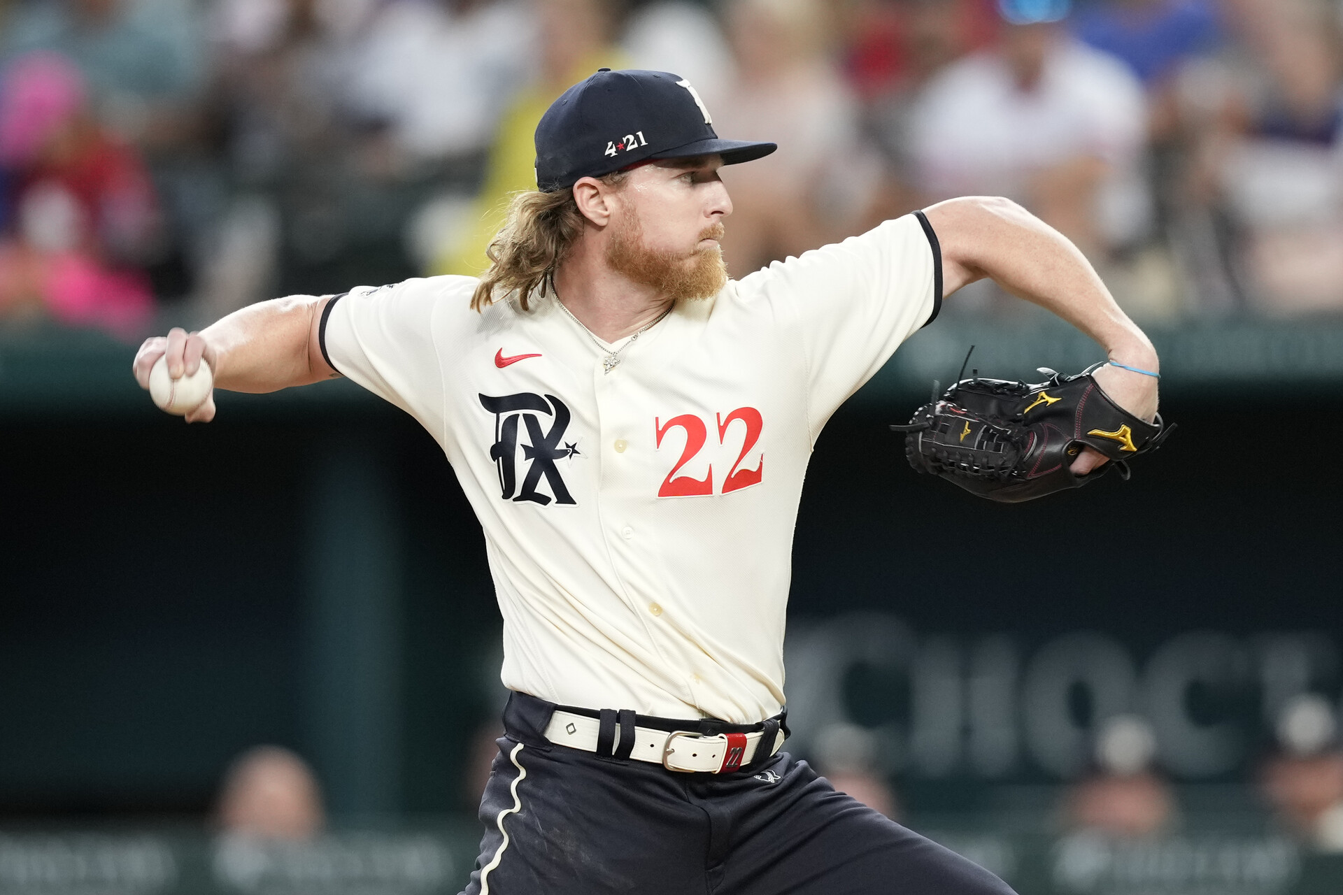 Aug 5, 2023; Arlington, Texas, USA; Texas Rangers starting pitcher Jon Gray (22) delivers a pitch to the Miami Marlins during the first inning at Globe Life Field