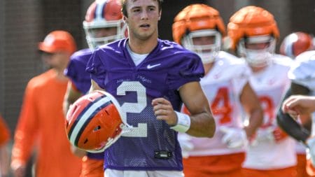 Clemson quarterback Cade Klubnik (2) during the first practice at Clemson, S.C. Friday, August 4, 2023.