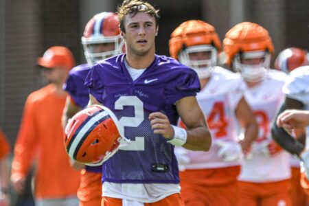 Clemson quarterback Cade Klubnik (2) during the first practice at Clemson, S.C. Friday, August 4, 2023.