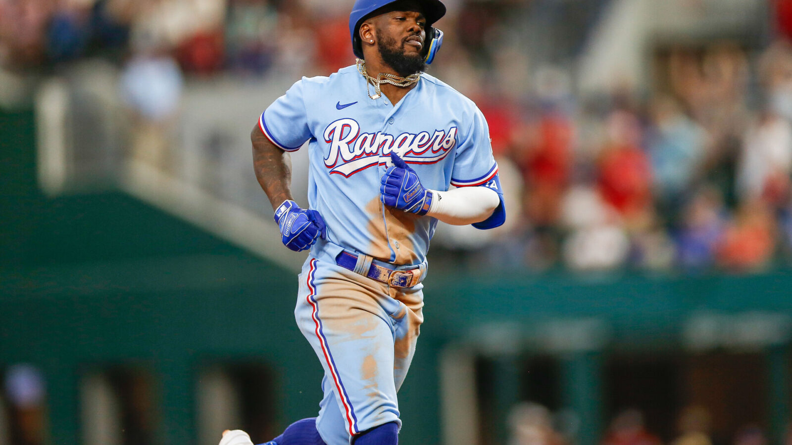 Aug 6, 2023; Arlington, Texas, USA; Texas Rangers right fielder Adolis Garcia (53) hits a home run during the eighth inning against the Miami Marlins at Globe Life Field.