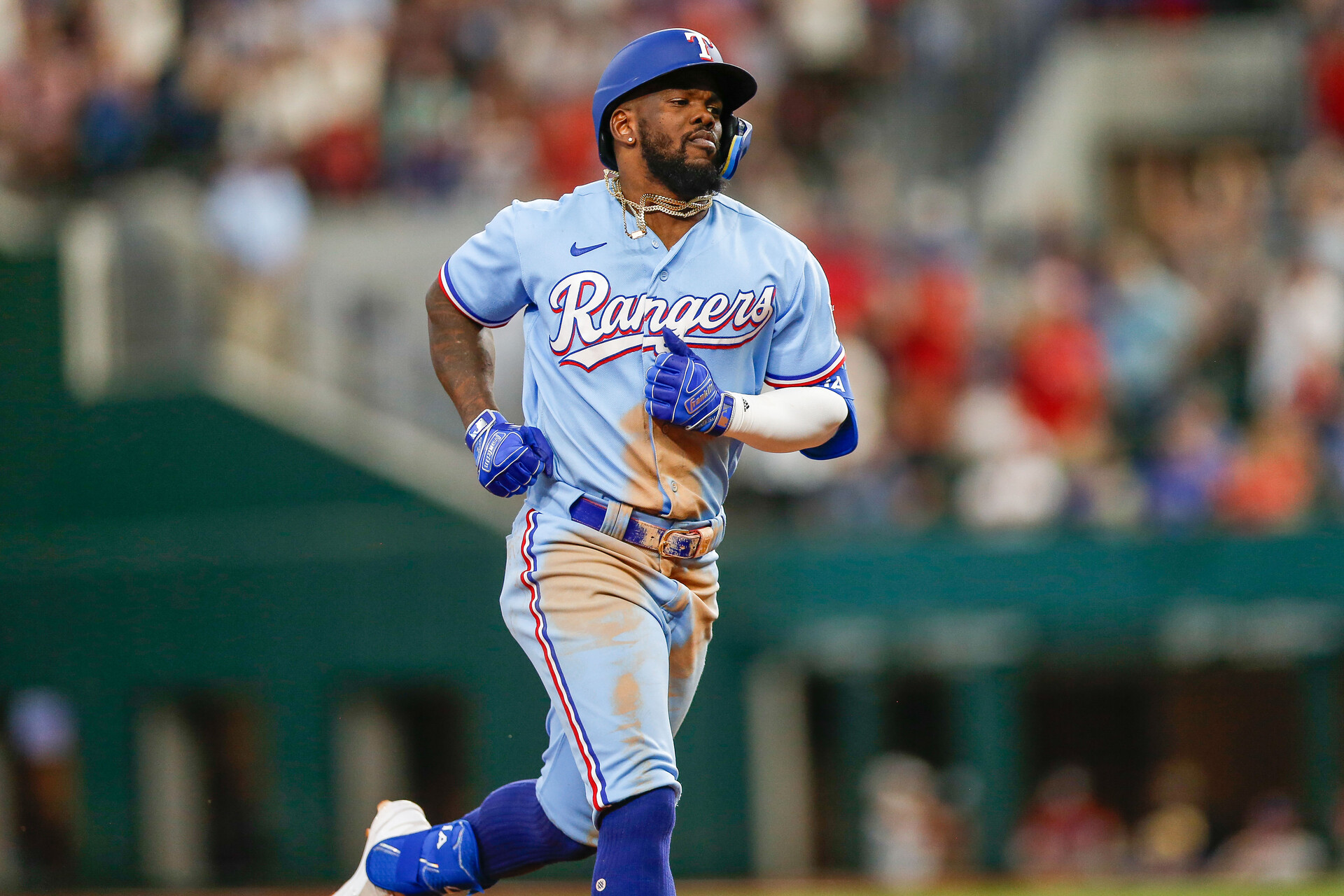 Aug 6, 2023; Arlington, Texas, USA; Texas Rangers right fielder Adolis Garcia (53) hits a home run during the eighth inning against the Miami Marlins at Globe Life Field.