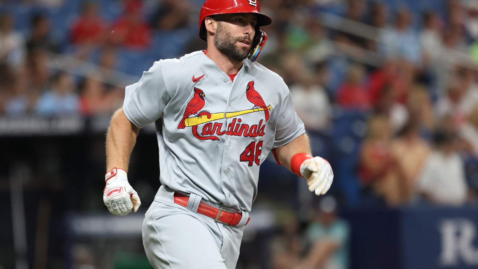 St. Louis Cardinals first baseman Paul Goldschmidt (46) doubles against the Tampa Bay Rays during the third inning at Tropicana Field.