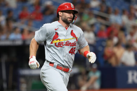 St. Louis Cardinals first baseman Paul Goldschmidt (46) doubles against the Tampa Bay Rays during the third inning at Tropicana Field.