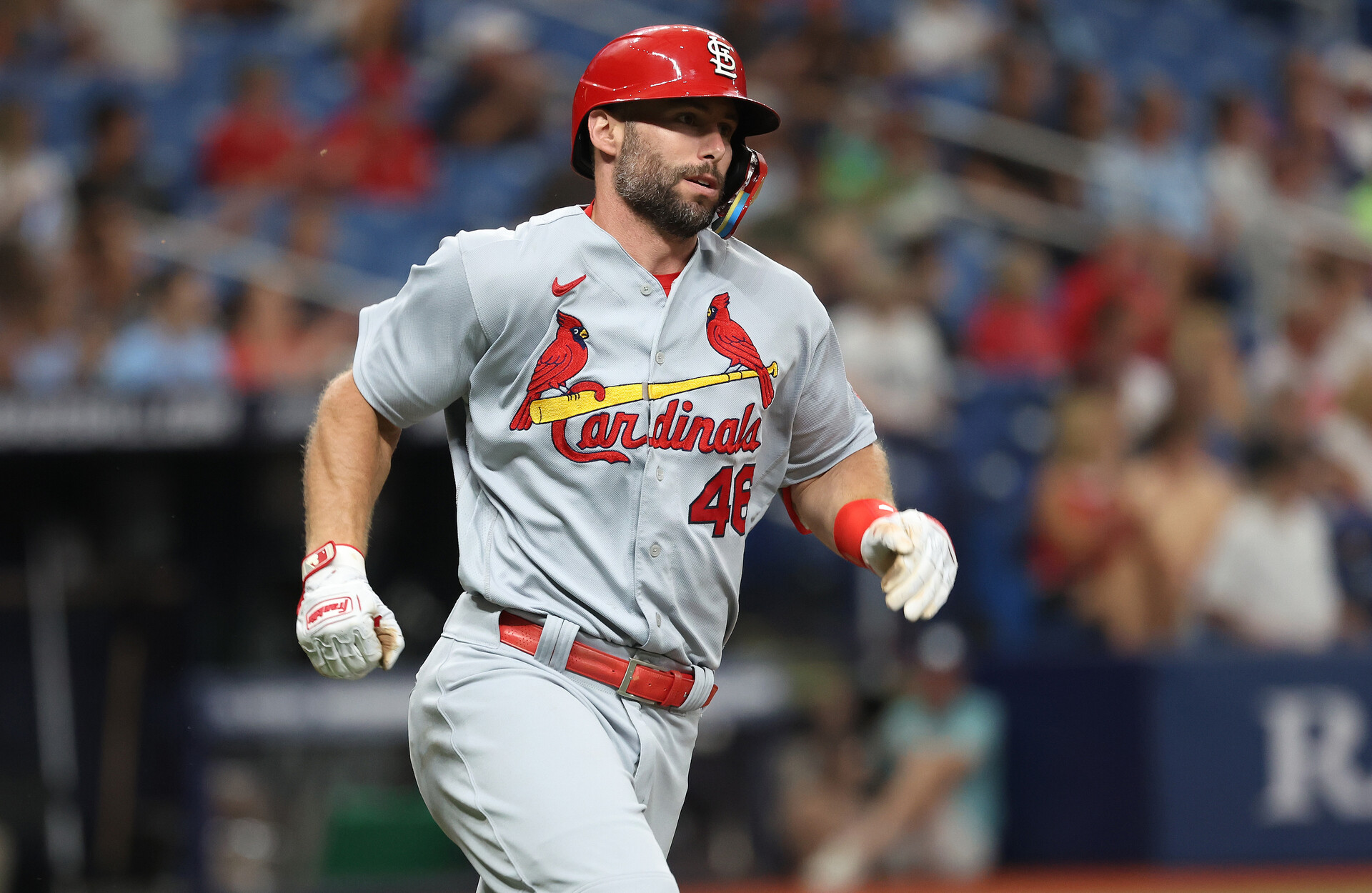 St. Louis Cardinals first baseman Paul Goldschmidt (46) doubles against the Tampa Bay Rays during the third inning at Tropicana Field.