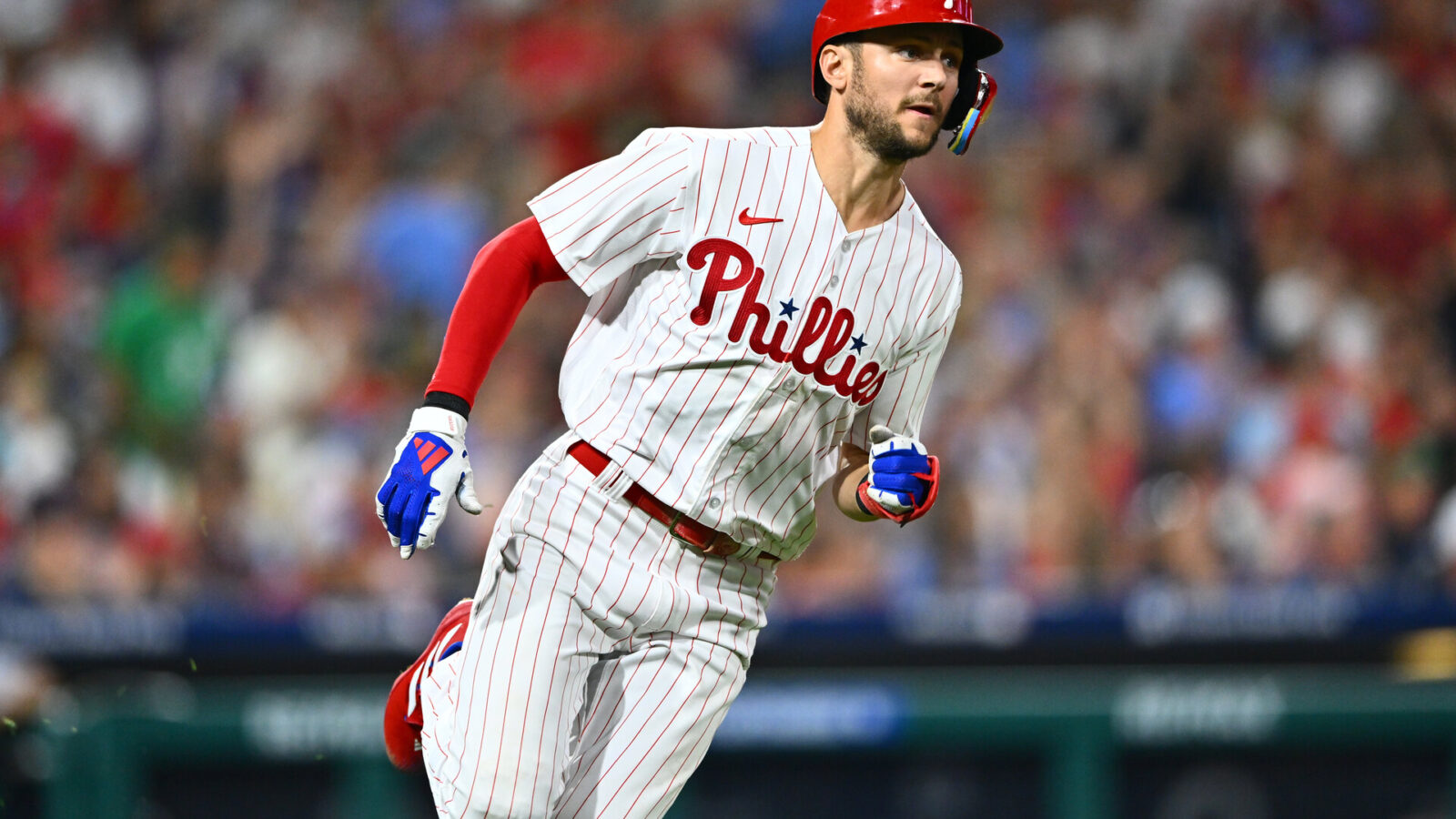 Aug 11, 2023; Philadelphia, Pennsylvania, USA; Philadelphia Phillies shortstop Trea Turner (7) runs after hitting an RBI double against the Minnesota Twins in the fourth inning at Citizens Bank Park.