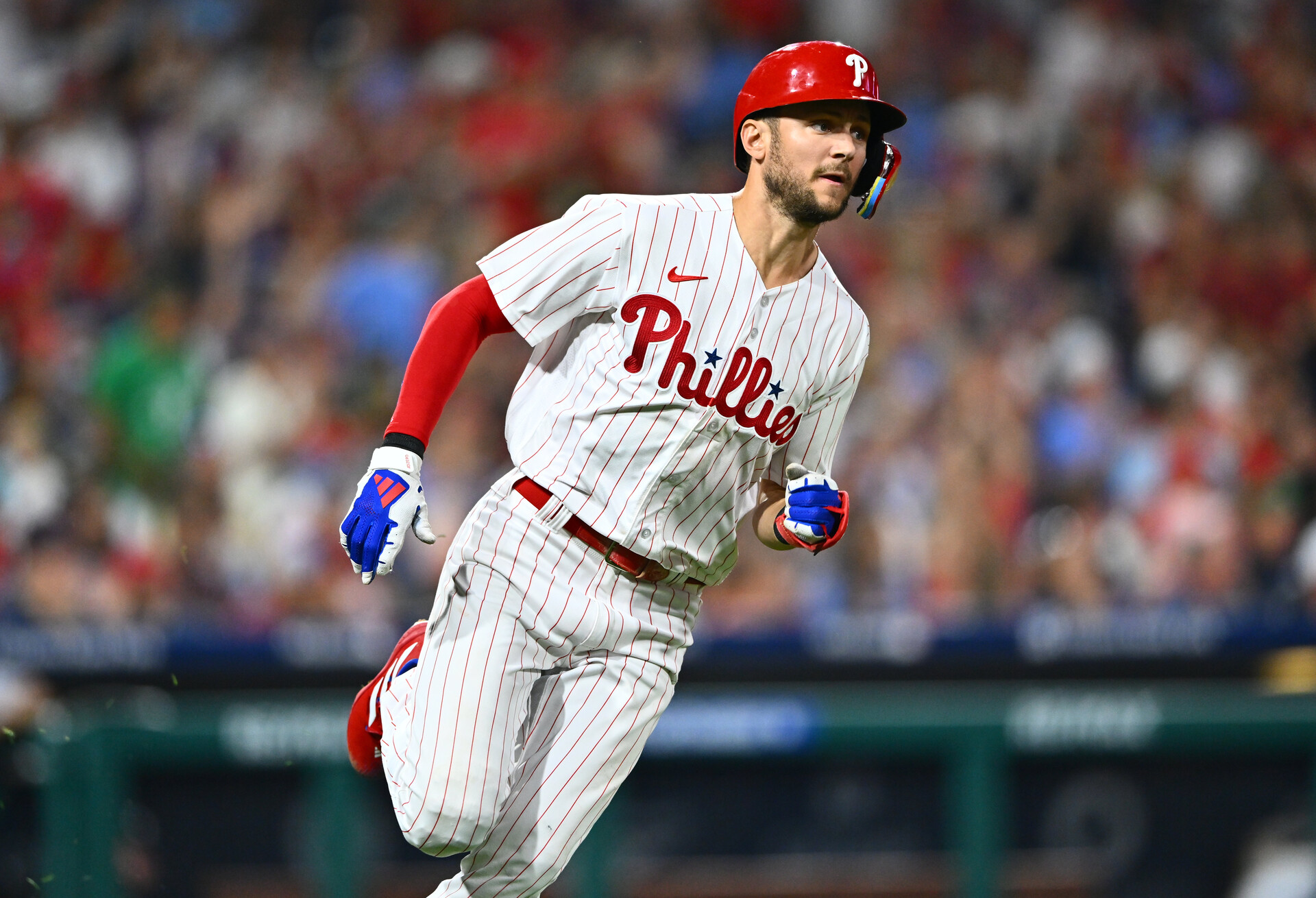 Aug 11, 2023; Philadelphia, Pennsylvania, USA; Philadelphia Phillies shortstop Trea Turner (7) runs after hitting an RBI double against the Minnesota Twins in the fourth inning at Citizens Bank Park.