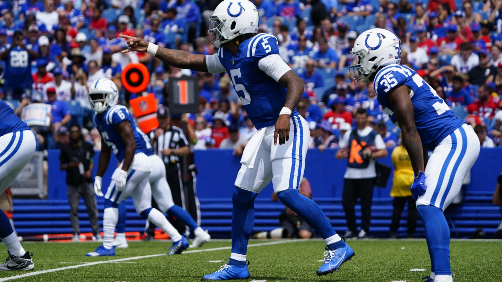 Aug 12, 2023; Orchard Park, New York, USA; Indianapolis Colts quarterback Anthony Richardson (5) calls signals prior to the snap against the Buffalo Bills during the first half at Highmark Stadium.