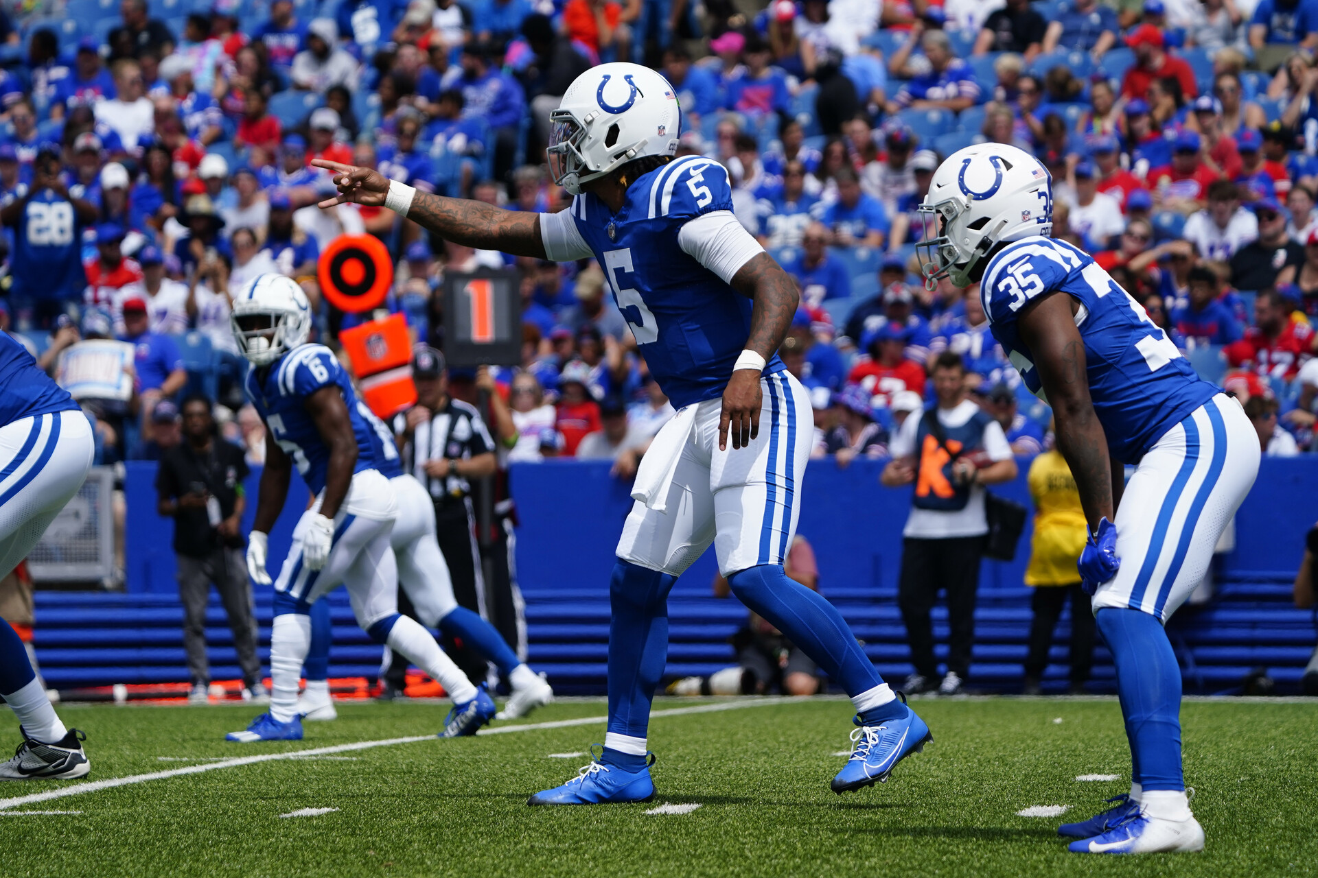 Aug 12, 2023; Orchard Park, New York, USA; Indianapolis Colts quarterback Anthony Richardson (5) calls signals prior to the snap against the Buffalo Bills during the first half at Highmark Stadium.