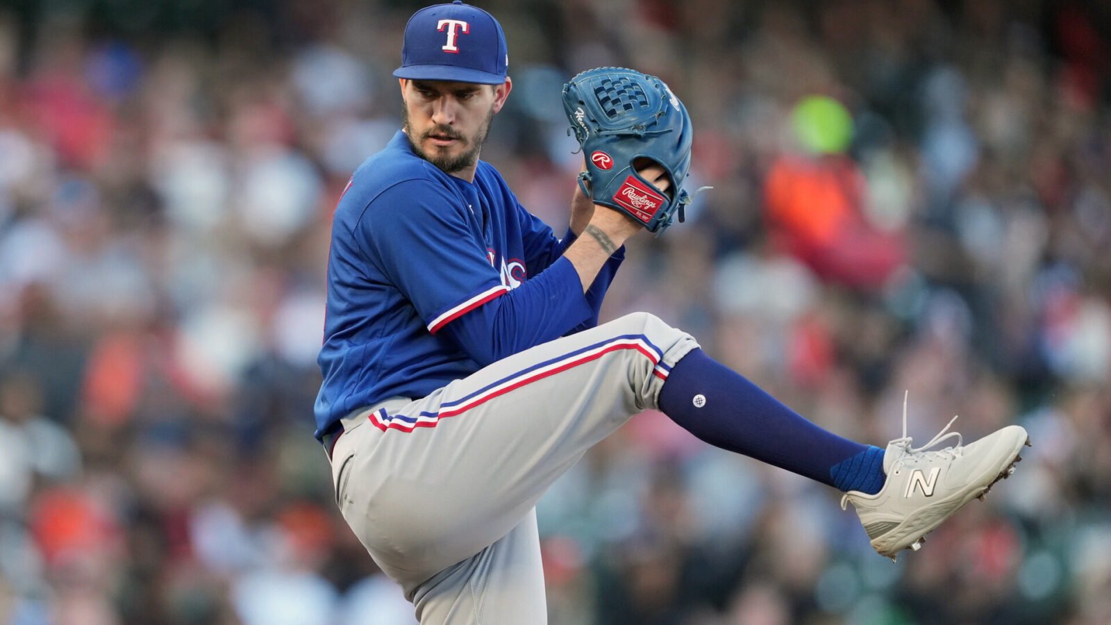 Aug 12, 2023; San Francisco, California, USA; Texas Rangers starting pitcher Andrew Heaney (44) throws a pitch against the San Francisco Giants during the first inning at Oracle Park.