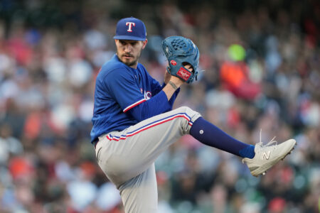 Aug 12, 2023; San Francisco, California, USA; Texas Rangers starting pitcher Andrew Heaney (44) throws a pitch against the San Francisco Giants during the first inning at Oracle Park.