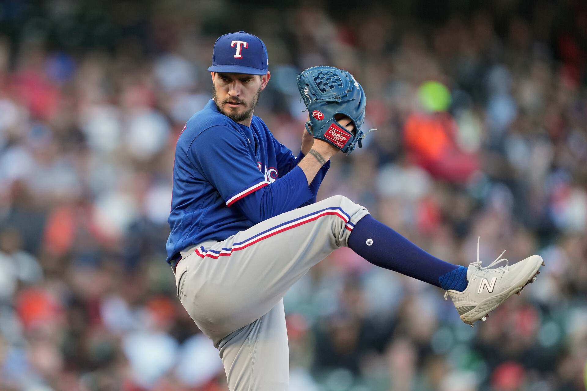 Aug 12, 2023; San Francisco, California, USA; Texas Rangers starting pitcher Andrew Heaney (44) throws a pitch against the San Francisco Giants during the first inning at Oracle Park.