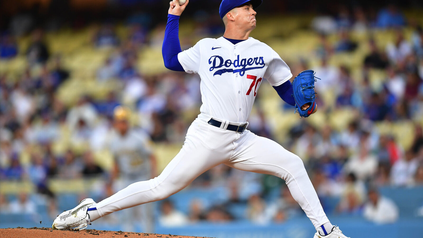 Aug 15, 2023; Los Angeles, California, USA; Los Angeles Dodgers starting pitcher Bobby Miller (70) throws against the Milwaukee Brewers during the first inning at Dodger Stadium.
