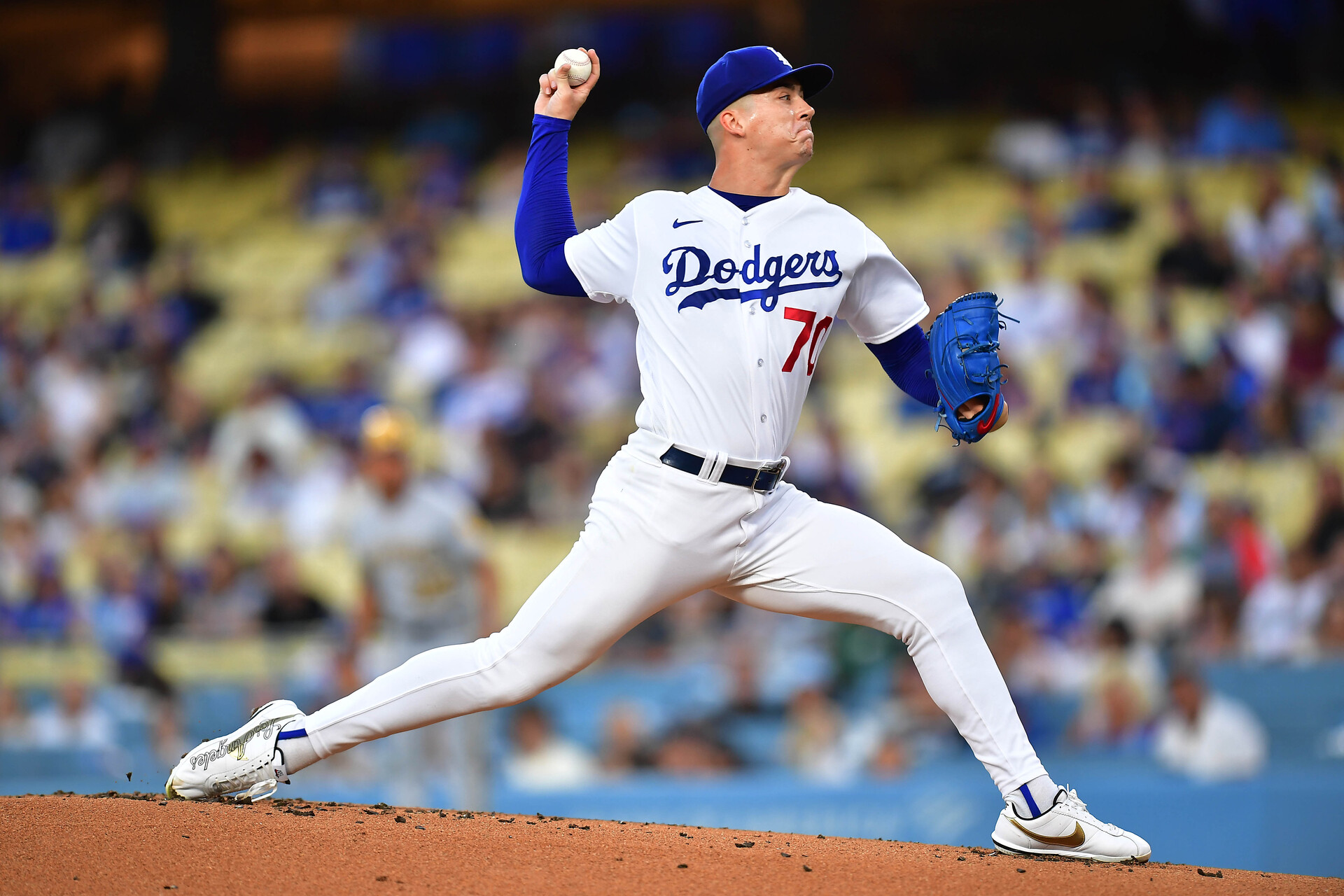 Aug 15, 2023; Los Angeles, California, USA; Los Angeles Dodgers starting pitcher Bobby Miller (70) throws against the Milwaukee Brewers during the first inning at Dodger Stadium.