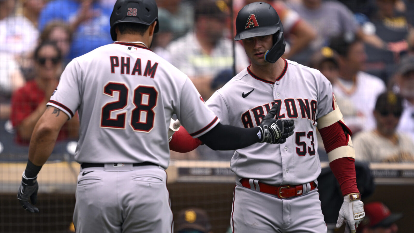 Aug 19, 2023; San Diego, California, USA; Arizona Diamondbacks designated hitter Tommy Pham (28) is congratulated by first baseman Christian Walker (53) after hitting a two-run home run against the San Diego Padres during the fifth inning at Petco Park.