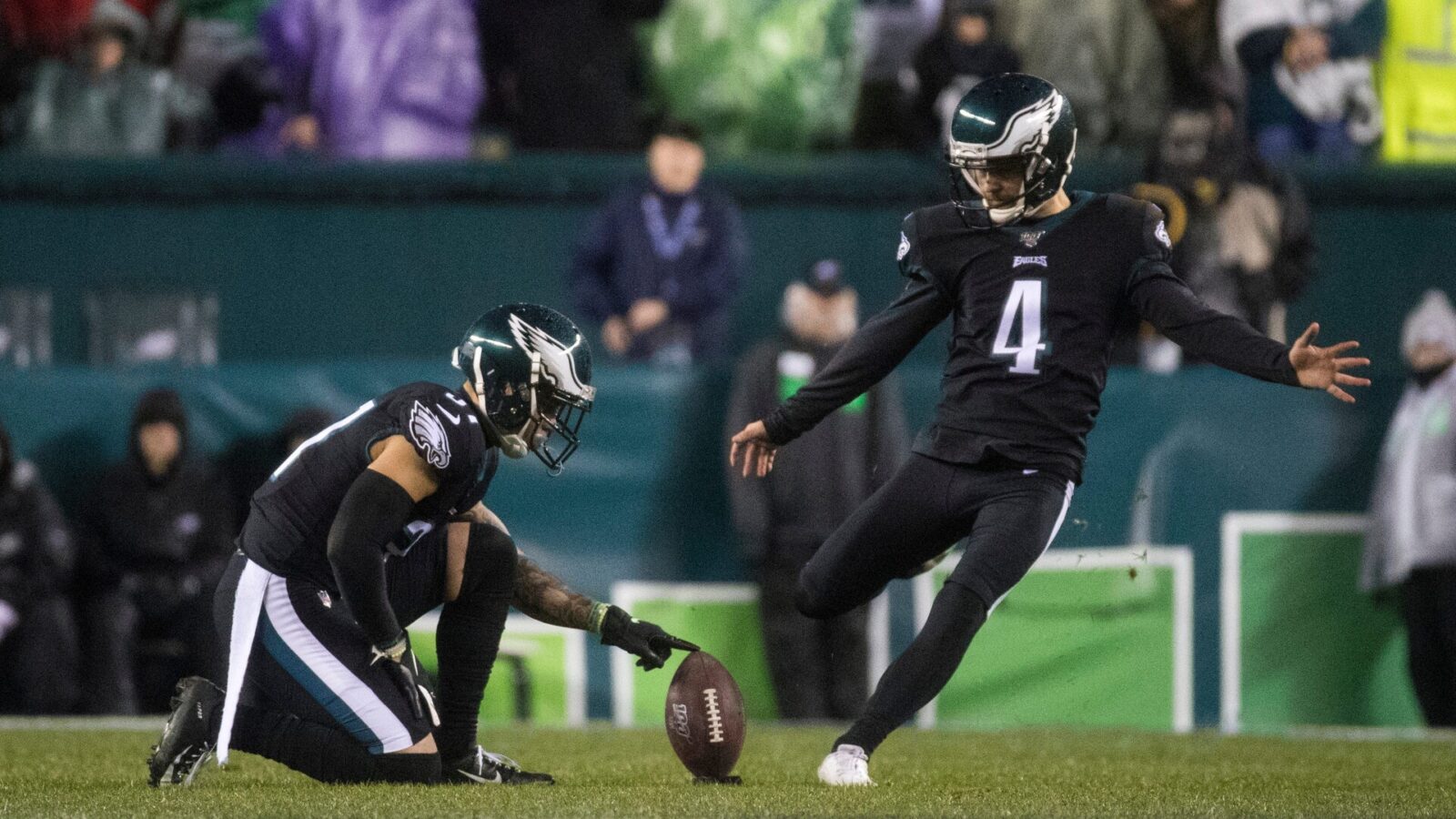Eagles' Jake Elliot (4) takes a kick-off Monday night against the Giants. The Eagles defeated the Giants in overtime 23-17