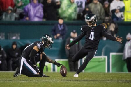 Eagles' Jake Elliot (4) takes a kick-off Monday night against the Giants. The Eagles defeated the Giants in overtime 23-17