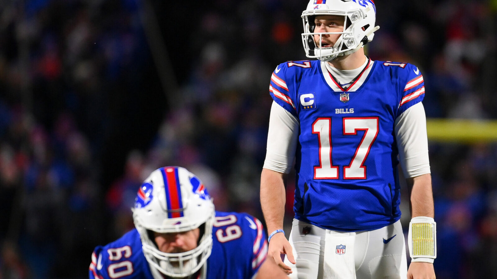 Buffalo Bills quarterback Josh Allen (17) looks on against the New York Jets during the second half at Highmark Stadium.