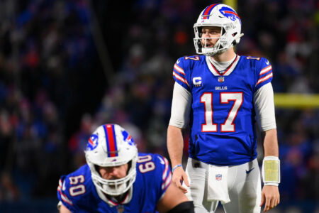 Buffalo Bills quarterback Josh Allen (17) looks on against the New York Jets during the second half at Highmark Stadium.
