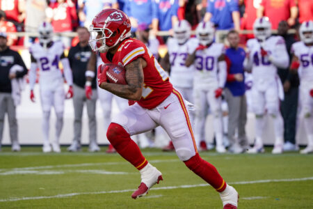 Oct 16, 2022; Kansas City, Missouri, USA; Kansas City Chiefs wide receiver Skyy Moore (24) returns a kick against the Buffalo Bills during the first half at GEHA Field at Arrowhead Stadium.