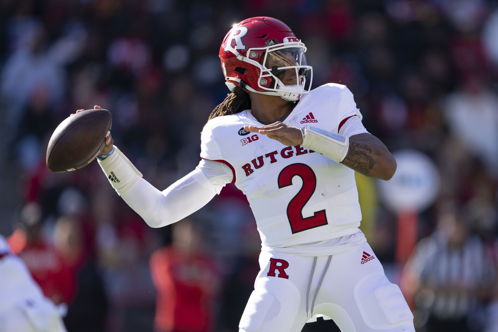 Nov 26, 2022; Rutgers Scarlet Knights quarterback Gavin Wimsatt (2) throws a pass in the first quarter against the Maryland Terrapins in the first quarter at College Park, Maryland, USA; at SECU Stadium.