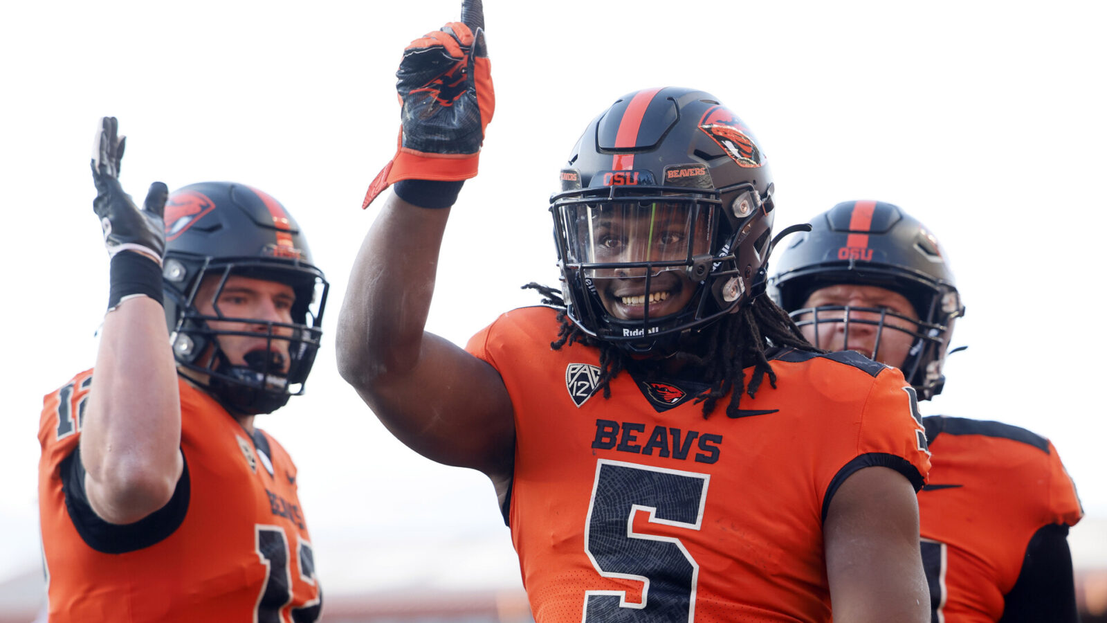 Oregon State Beavers running back Deshaun Fenwick (5) celebrates after scoring a touchdown during the second half against the Oregon Ducks at Reser Stadium.