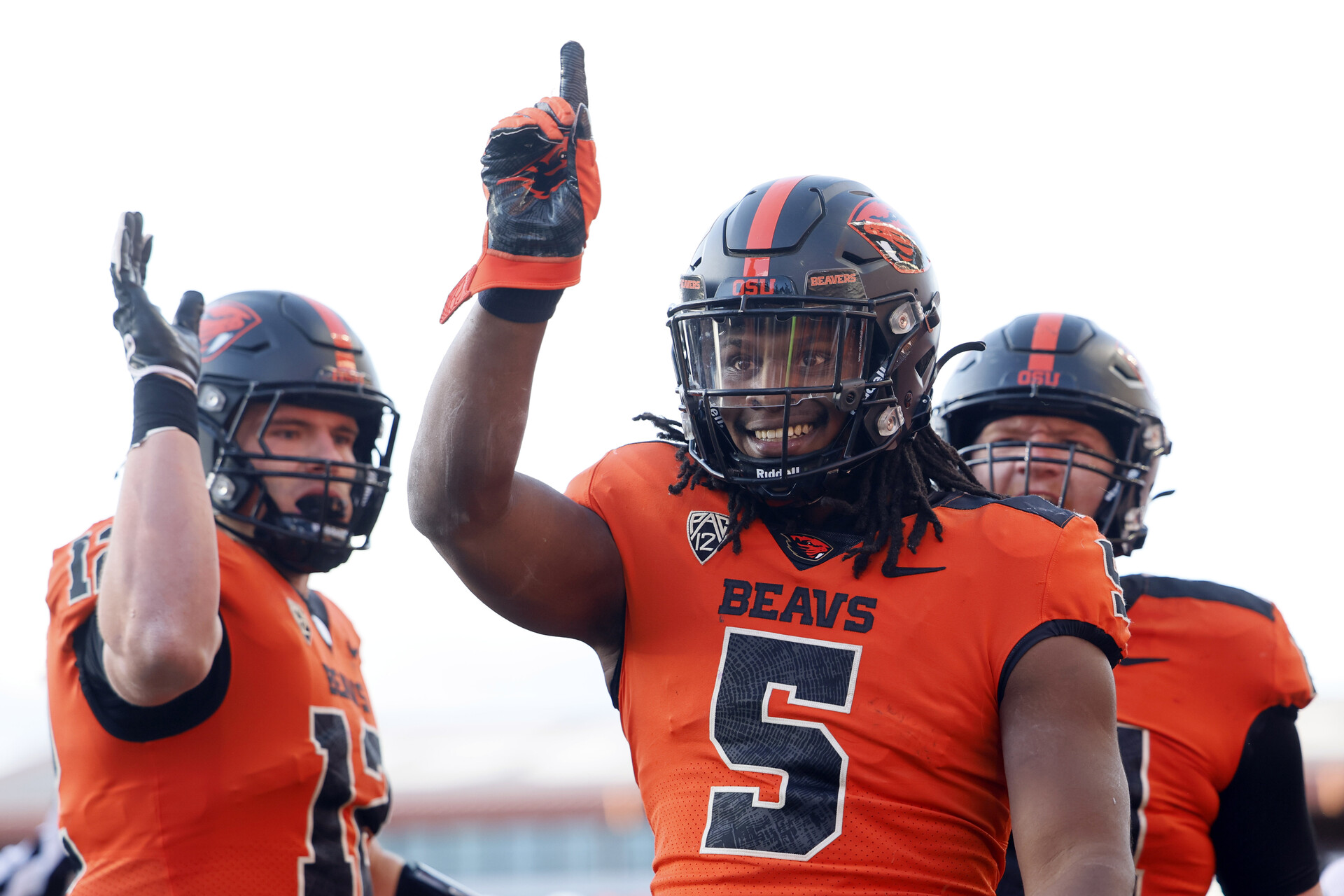 Oregon State Beavers running back Deshaun Fenwick (5) celebrates after scoring a touchdown during the second half against the Oregon Ducks at Reser Stadium.