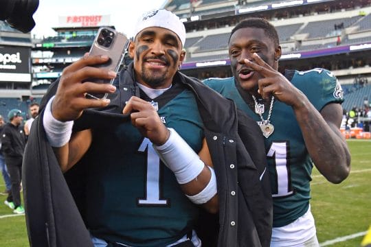 Philadelphia Eagles quarterback Jalen Hurts (1) and wide receiver A.J. Brown (11) walks off the field after win against the Tennessee Titans at Lincoln Financial Field.