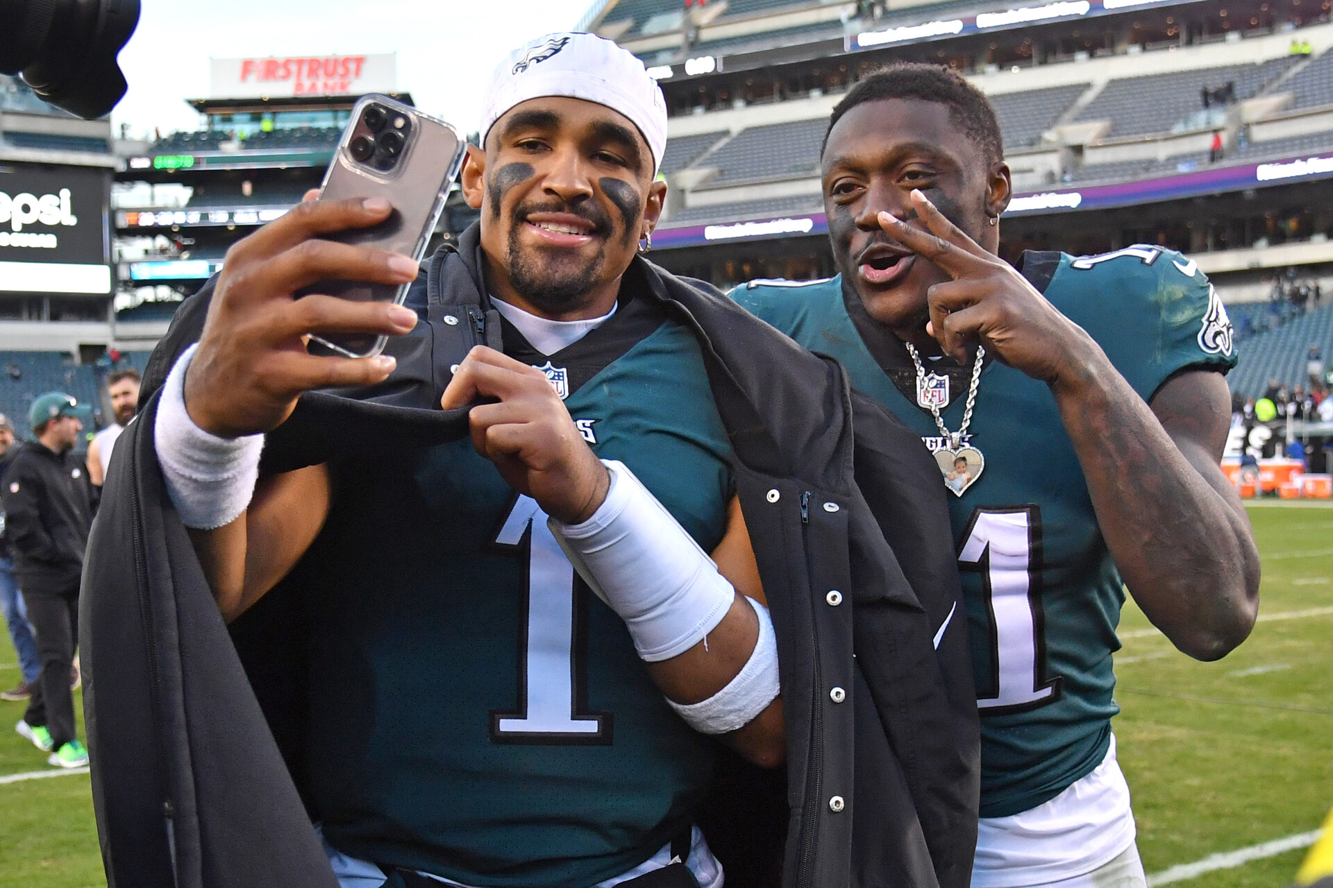 Philadelphia Eagles quarterback Jalen Hurts (1) and wide receiver A.J. Brown (11) walks off the field after win against the Tennessee Titans at Lincoln Financial Field.